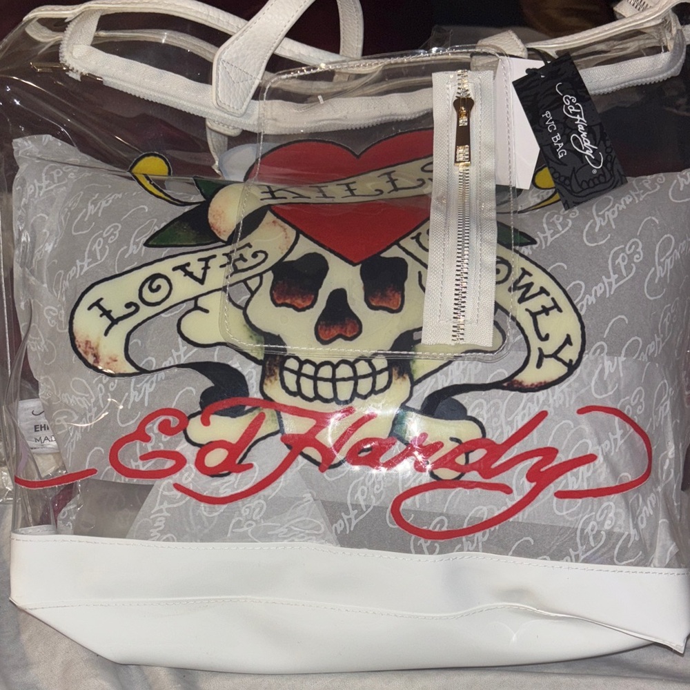 Ed Hardy Skull and Heart Tote in White and Gray
